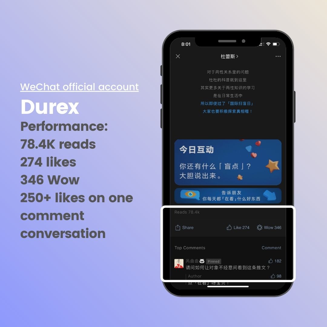 durex's interactive, entertaining and valuable "know-how" content via Wechat official account brings high engagement from its account followers which is a good example of Wechat marketing strategy