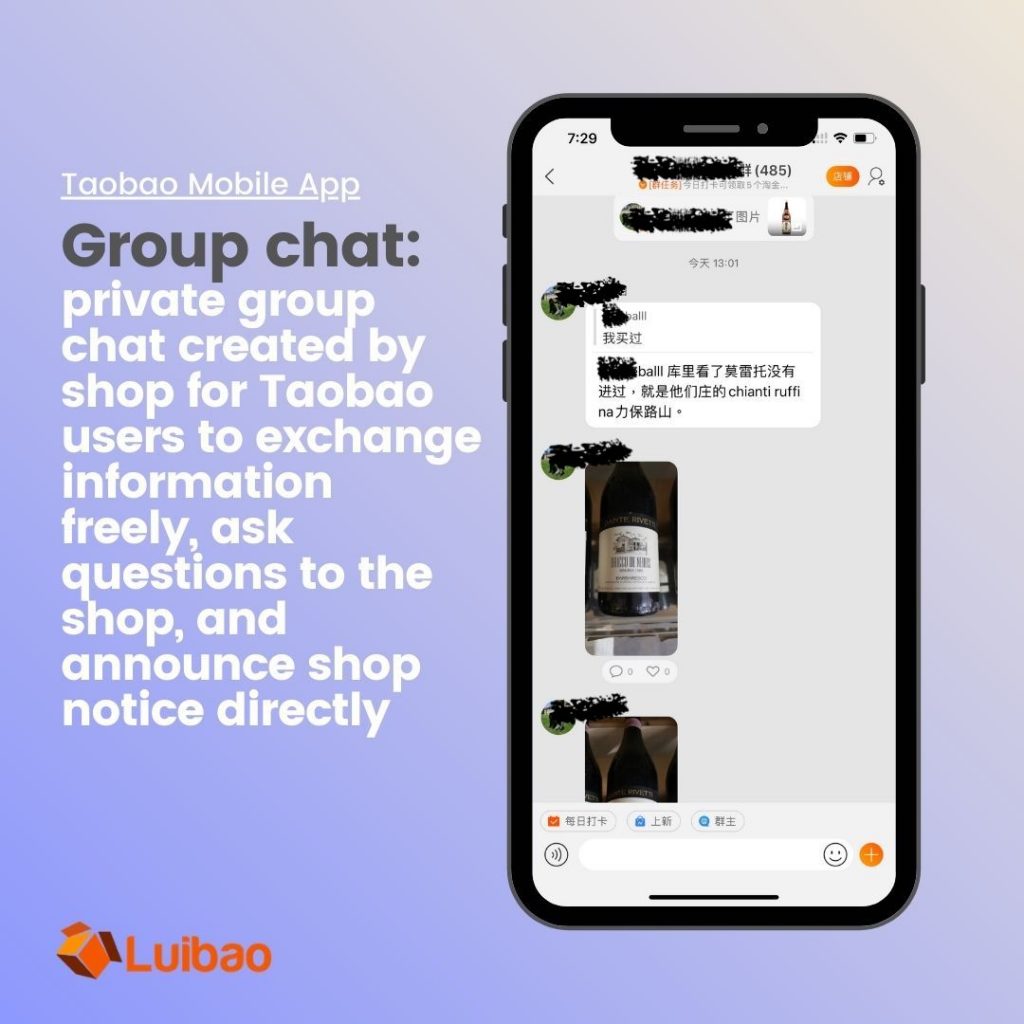 China e-commerce giant Taobao has in-app function of not only buyer-to-seller chat, but also group chat hosted by shop owner for all existing clients and potential clients